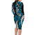 Polynesian Plumeria Floral Tattoo Pattern Family Matching Long Sleeve Bodycon Dress and Hawaiian Shirt Bllue Style