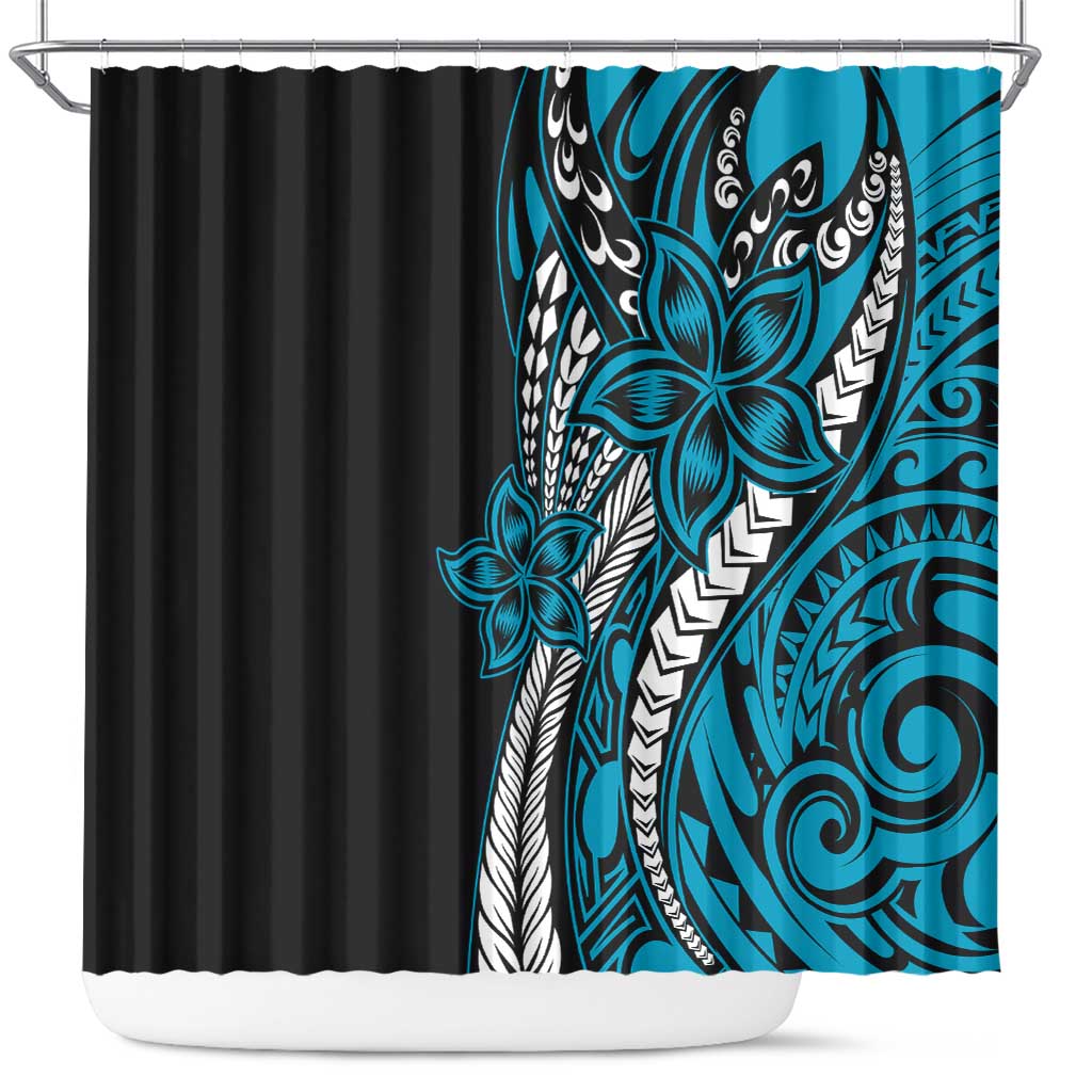 Polynesian Plumeria Floral Tattoo Pattern Shower Curtain Blue Style