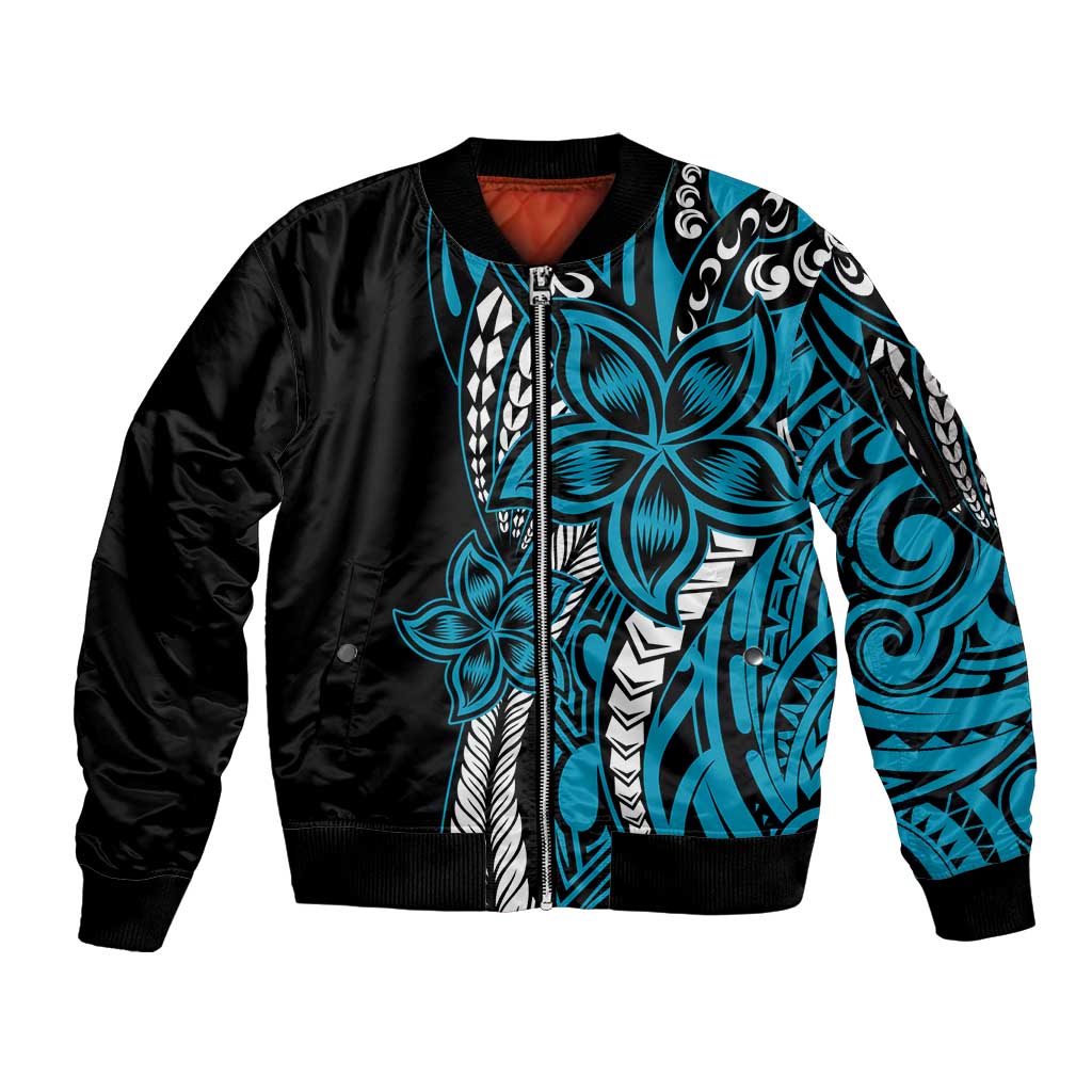 Polynesian Plumeria Floral Tattoo Pattern Sleeve Zip Bomber Jacket Blue Style LT9 Unisex Blue - Polynesian Pride