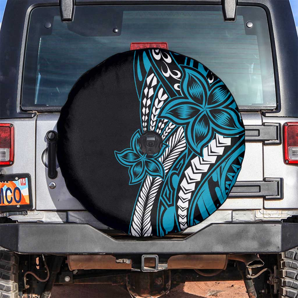 Polynesian Plumeria Floral Tattoo Pattern Spare Tire Cover Blue Style