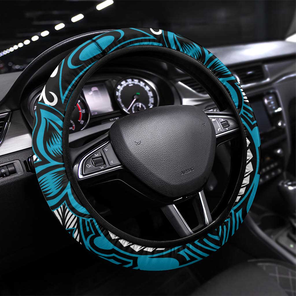 Polynesian Plumeria Floral Tattoo Pattern Steering Wheel Cover Blue Style