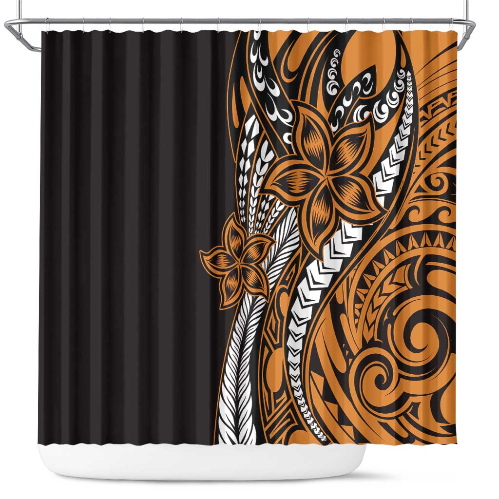 Polynesian Plumeria Floral Tattoo Pattern Shower Curtain Gold Style