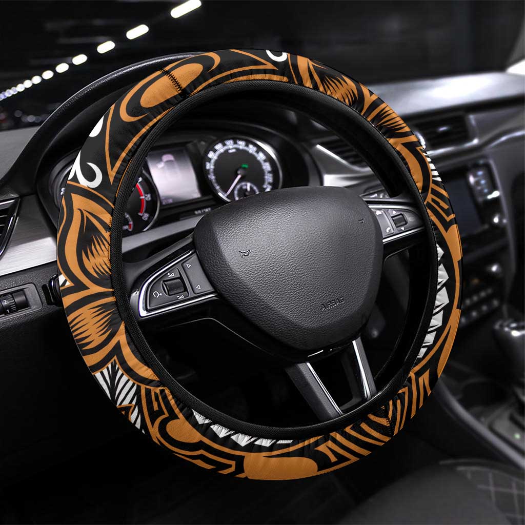 Polynesian Plumeria Floral Tattoo Pattern Steering Wheel Cover Gold Style