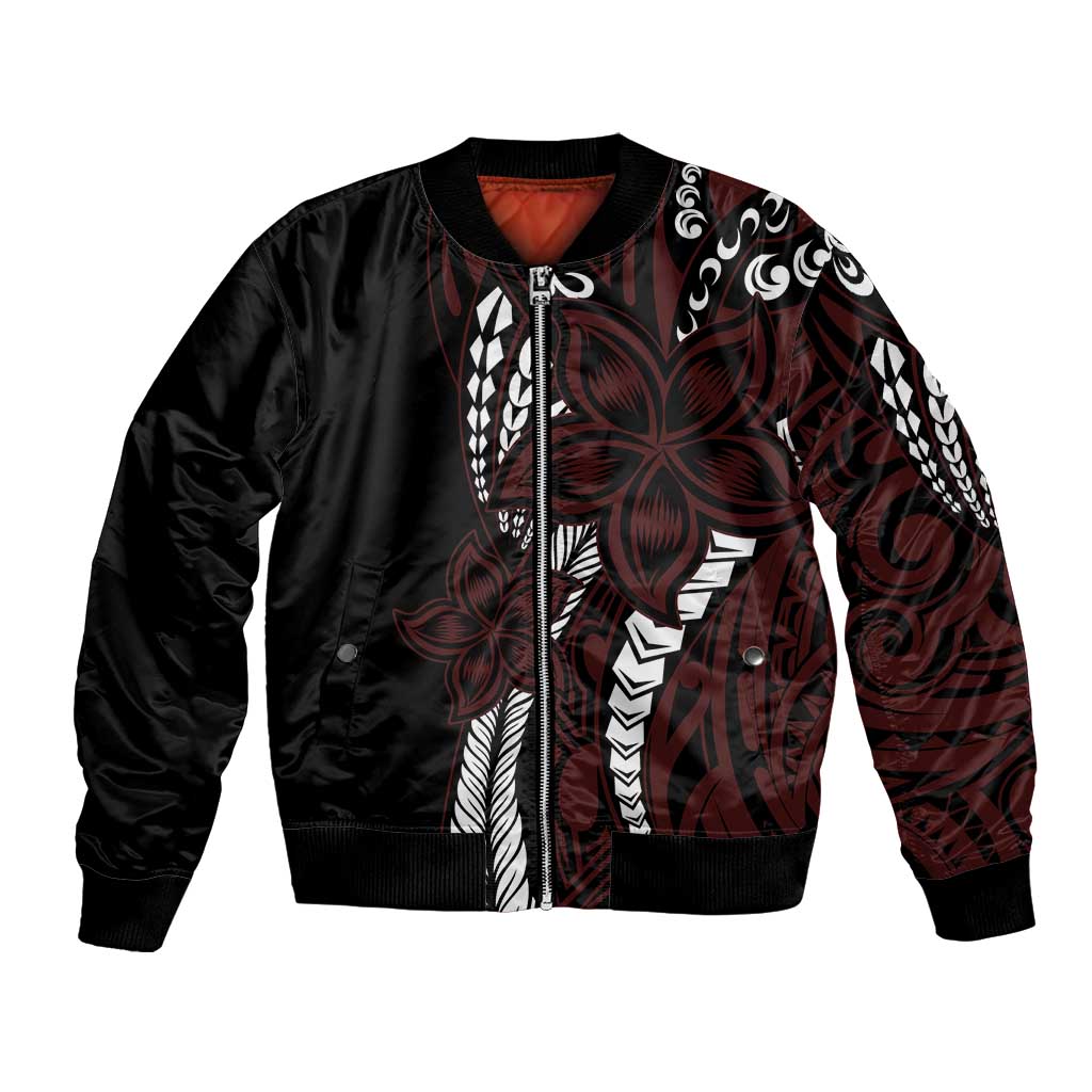 Polynesian Plumeria Floral Tattoo Pattern Bomber Jacket Oxblood Style LT9 Unisex Oxblood - Polynesian Pride