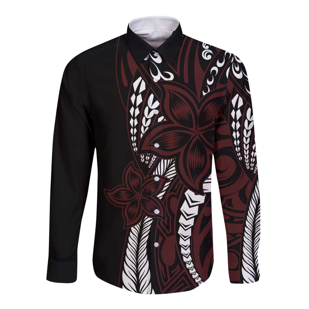 Polynesian Plumeria Floral Tattoo Pattern Long Sleeve Button Shirt Oxblood Style LT9 Unisex Oxblood - Polynesian Pride