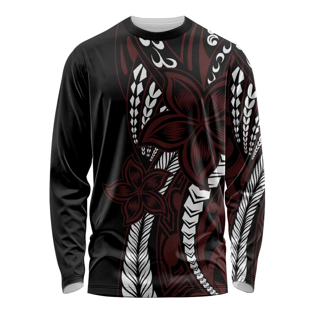 Polynesian Plumeria Floral Tattoo Pattern Long Sleeve Shirt Oxblood Style LT9 Unisex Oxblood - Polynesian Pride