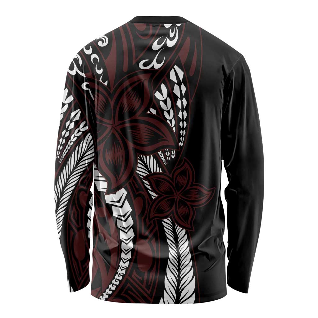 Polynesian Plumeria Floral Tattoo Pattern Long Sleeve Shirt Oxblood Style LT9 - Polynesian Pride
