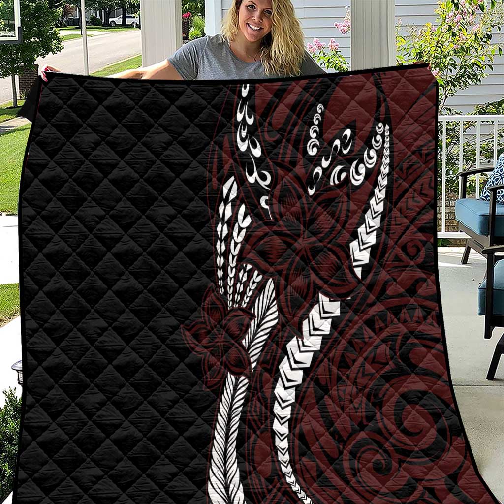 Polynesian Plumeria Floral Tattoo Pattern Quilt Oxblood Style