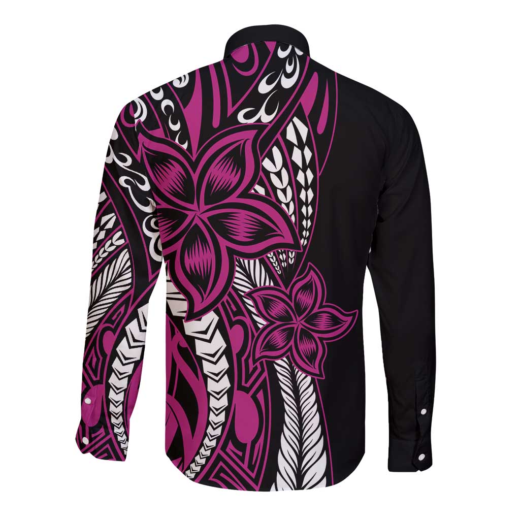Polynesian Plumeria Floral Tattoo Pattern Long Sleeve Button Shirt Pink Style LT9 - Polynesian Pride