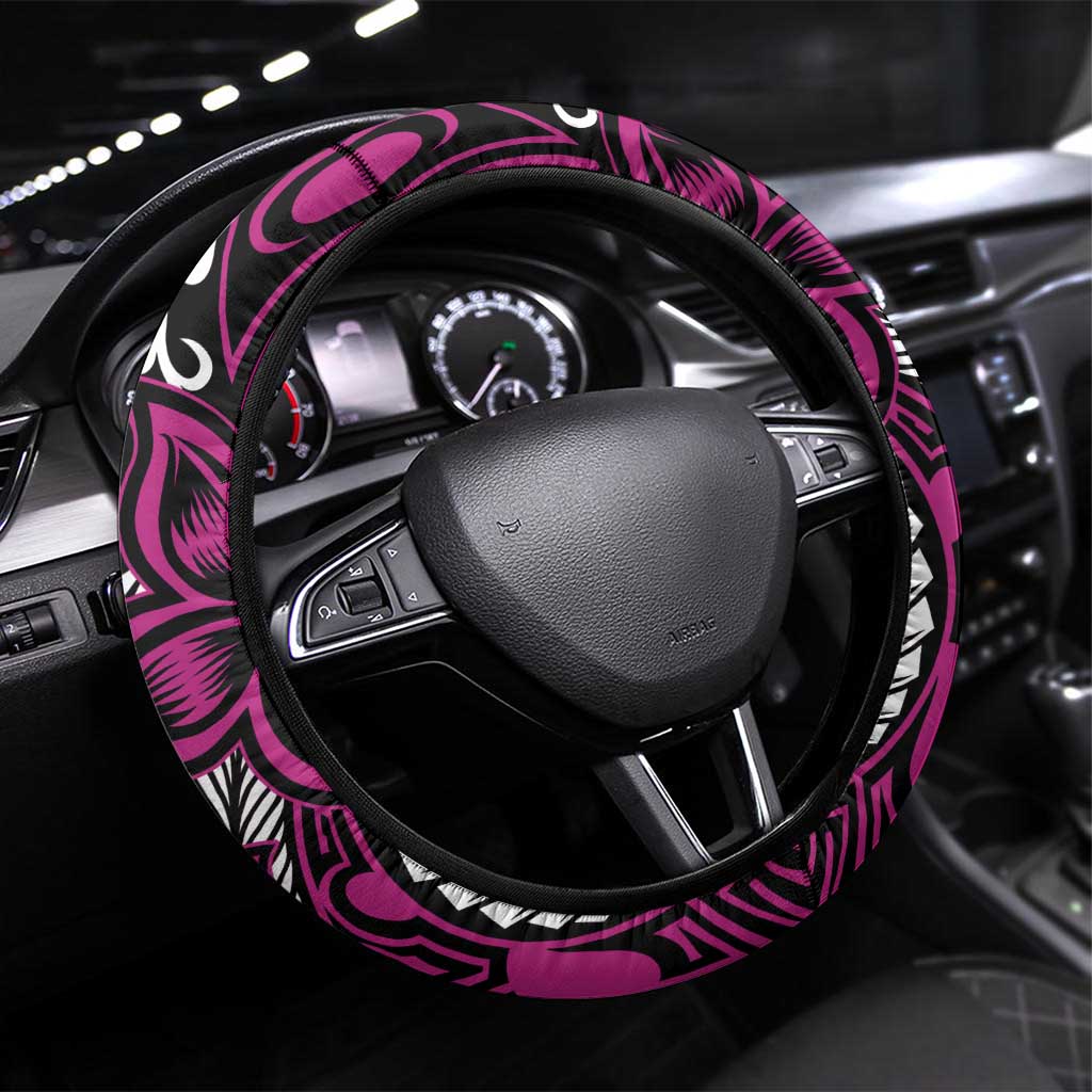 Polynesian Plumeria Floral Tattoo Pattern Steering Wheel Cover Pink Style