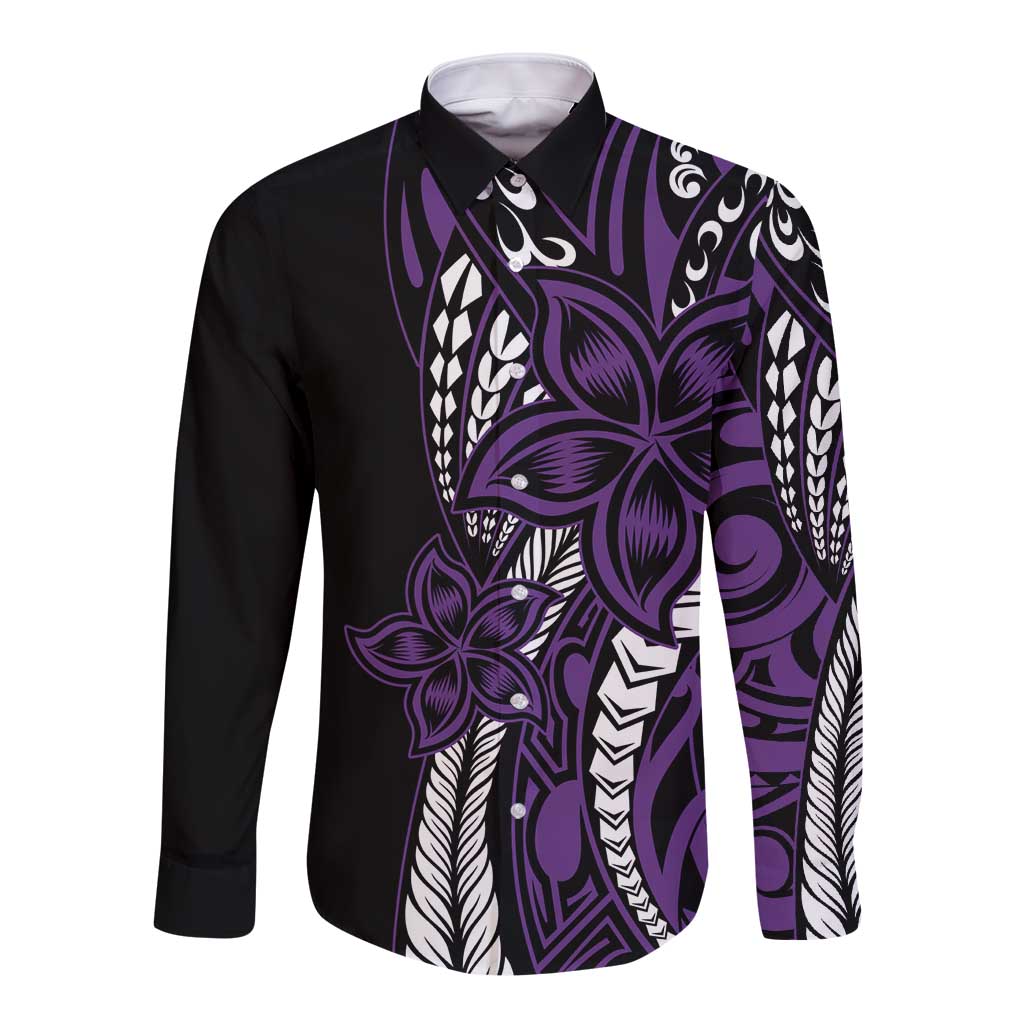 Polynesian Plumeria Floral Tattoo Pattern Long Sleeve Button Shirt Purple Style LT9 Unisex Purple - Polynesian Pride
