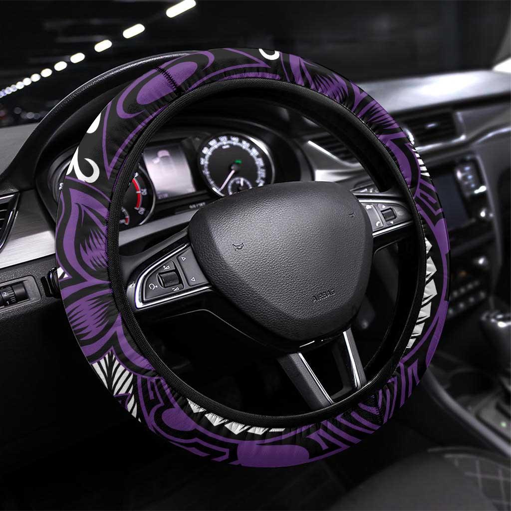 Polynesian Plumeria Floral Tattoo Pattern Steering Wheel Cover Purple Style