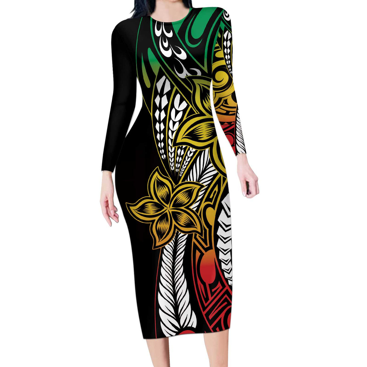 Polynesian Plumeria Floral Tattoo Pattern Long Sleeve Bodycon Dress Reggae Style LT9 Long Dress Reggae - Polynesian Pride