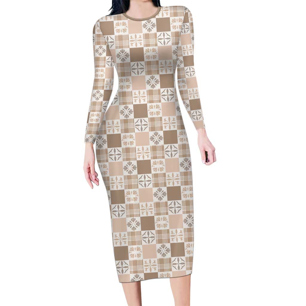 Hawaiian Palaka Quilt Pattern Long Sleeve Bodycon Dress Hawaii Culture Bird of Paradise Exotic Motif LT9 Long Dress Beige - Polynesian Pride
