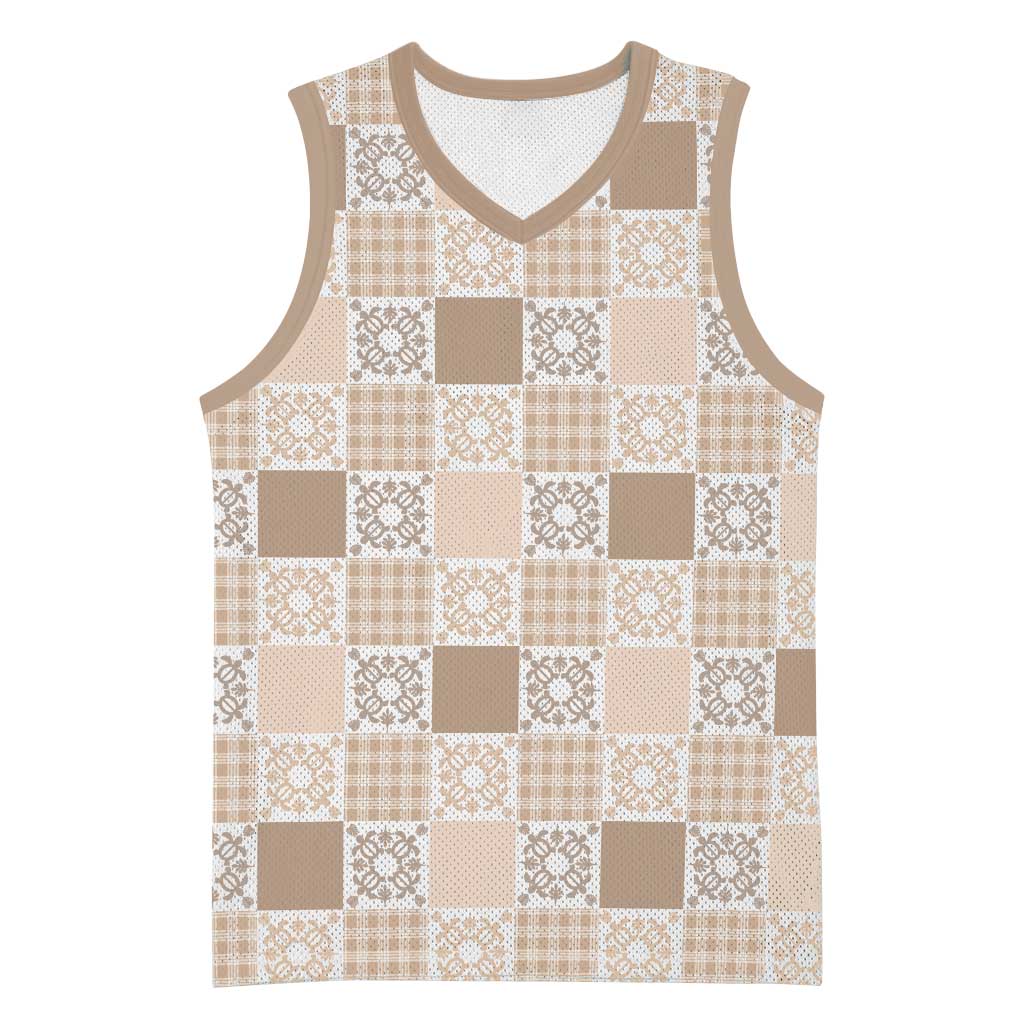 Hawaiian Palaka Quilt Pattern Basketball Jersey Hawaii Culture Honu Turtle LT9 Unisex Beige - Polynesian Pride