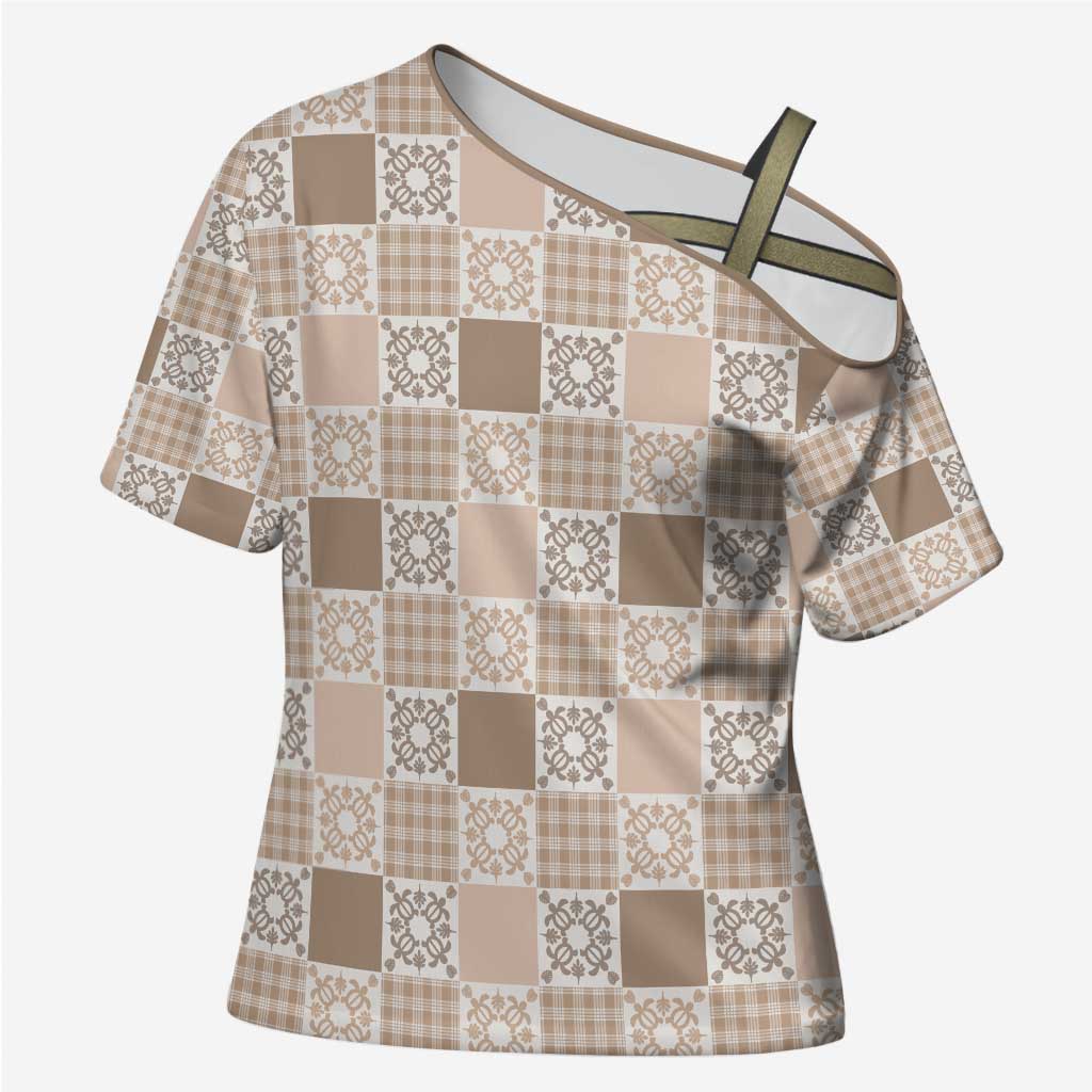 Hawaiian Palaka Quilt Pattern Cross Shoulder Shirt Hawaii Culture Honu Turtle LT9 Female Beige - Polynesian Pride