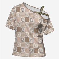 Hawaiian Palaka Quilt Pattern Cross Shoulder Shirt Hawaii Culture Honu Turtle LT9 Female Beige - Polynesian Pride