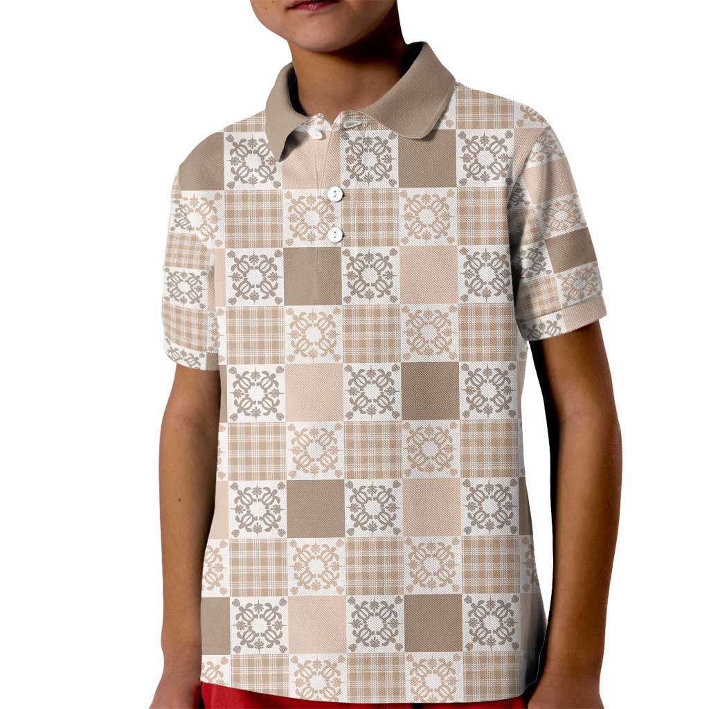 Hawaiian Palaka Quilt Pattern Kid Polo Shirt Hawaii Culture Honu Turtle LT9 Kid Beige - Polynesian Pride