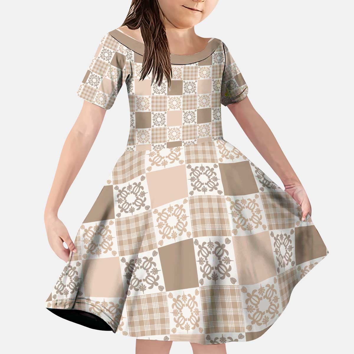 Hawaiian Palaka Quilt Pattern Kid Short Sleeve Dress Hawaii Culture Honu Turtle LT9 KID Beige - Polynesian Pride