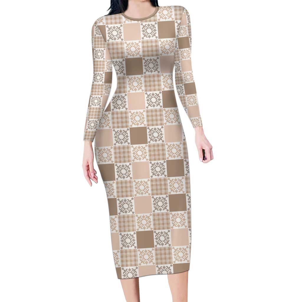 Hawaiian Palaka Quilt Pattern Long Sleeve Bodycon Dress Hawaii Culture Honu Turtle LT9 Long Dress Beige - Polynesian Pride