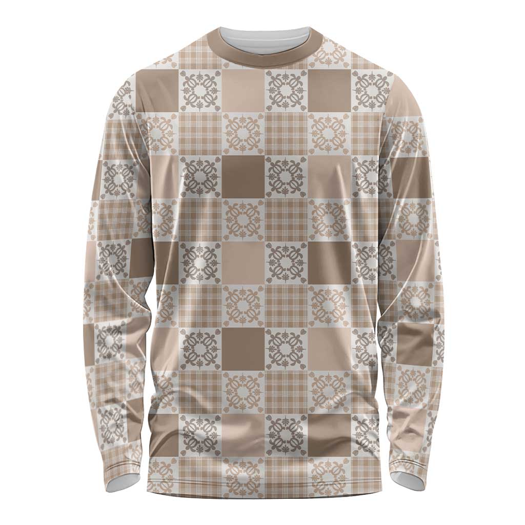 Hawaiian Palaka Quilt Pattern Long Sleeve Shirt Hawaii Culture Honu Turtle LT9 Unisex Beige - Polynesian Pride