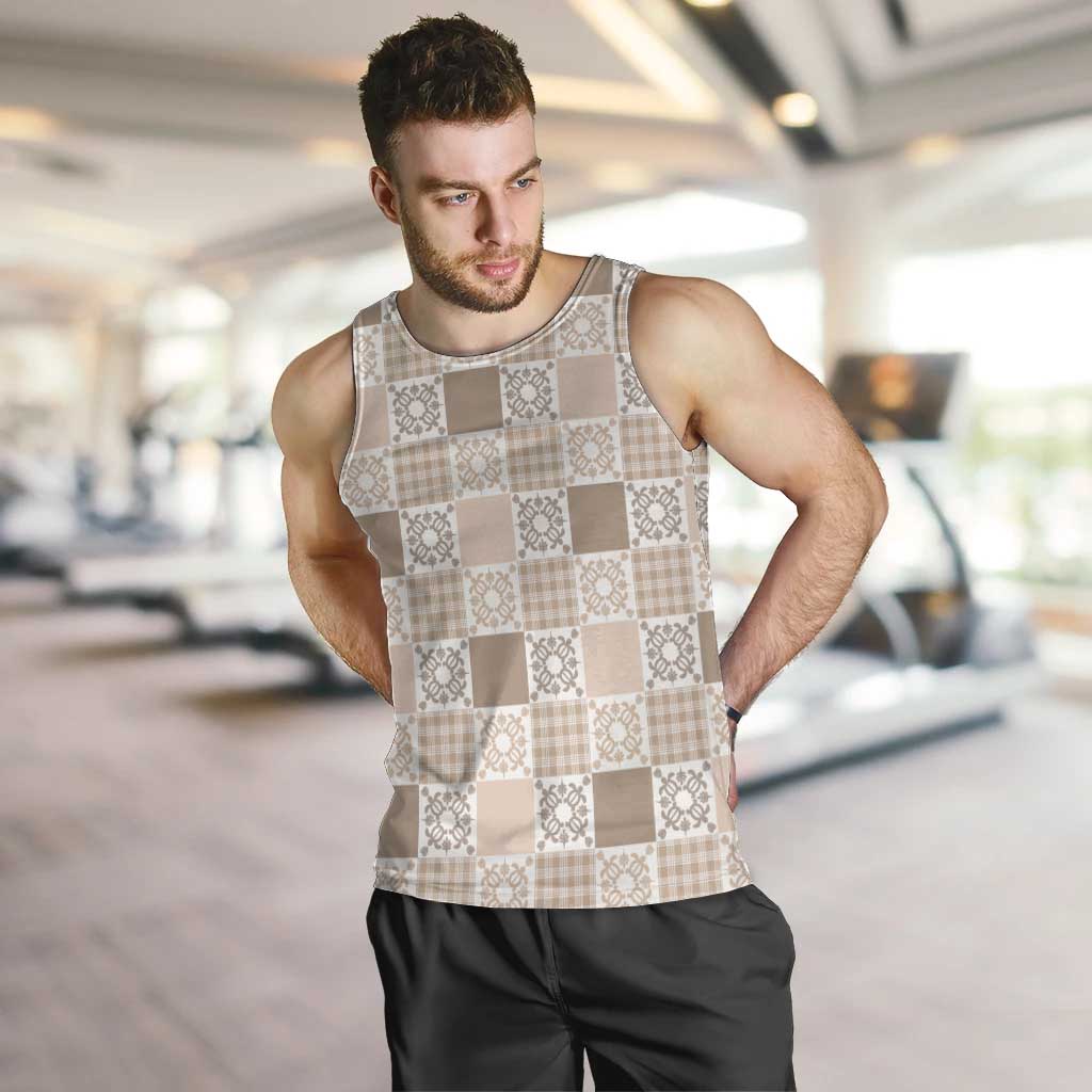 Hawaiian Palaka Quilt Pattern Men Tank Top Hawaii Culture Honu Turtle LT9 Beige - Polynesian Pride