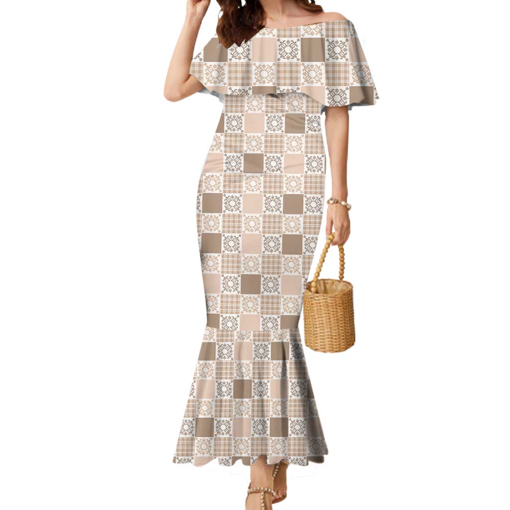 Hawaiian Palaka Quilt Pattern Mermaid Dress Hawaii Culture Honu Turtle LT9 Women Beige - Polynesian Pride