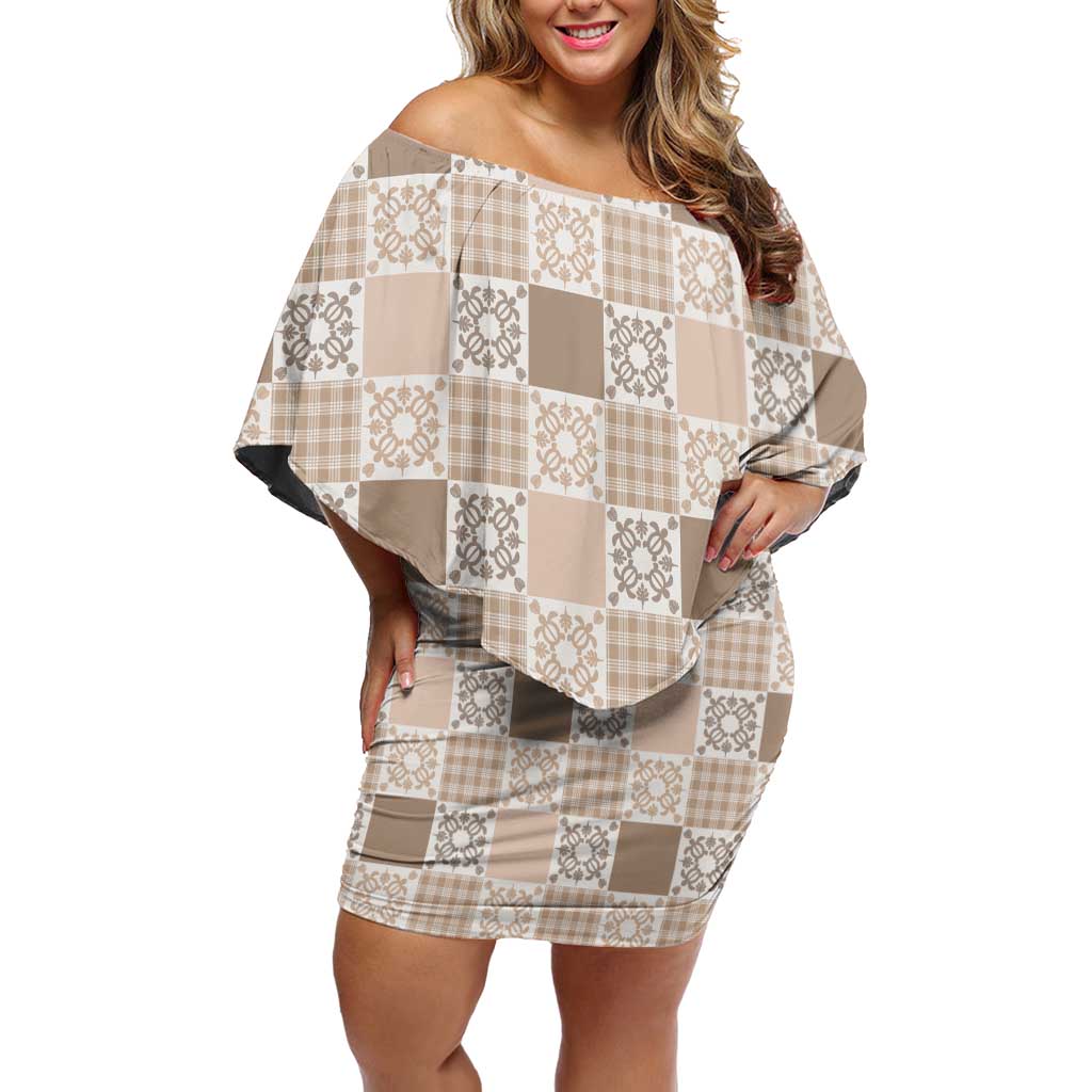 Hawaiian Palaka Quilt Pattern Off Shoulder Short Dress Hawaii Culture Honu Turtle LT9 Women Beige - Polynesian Pride