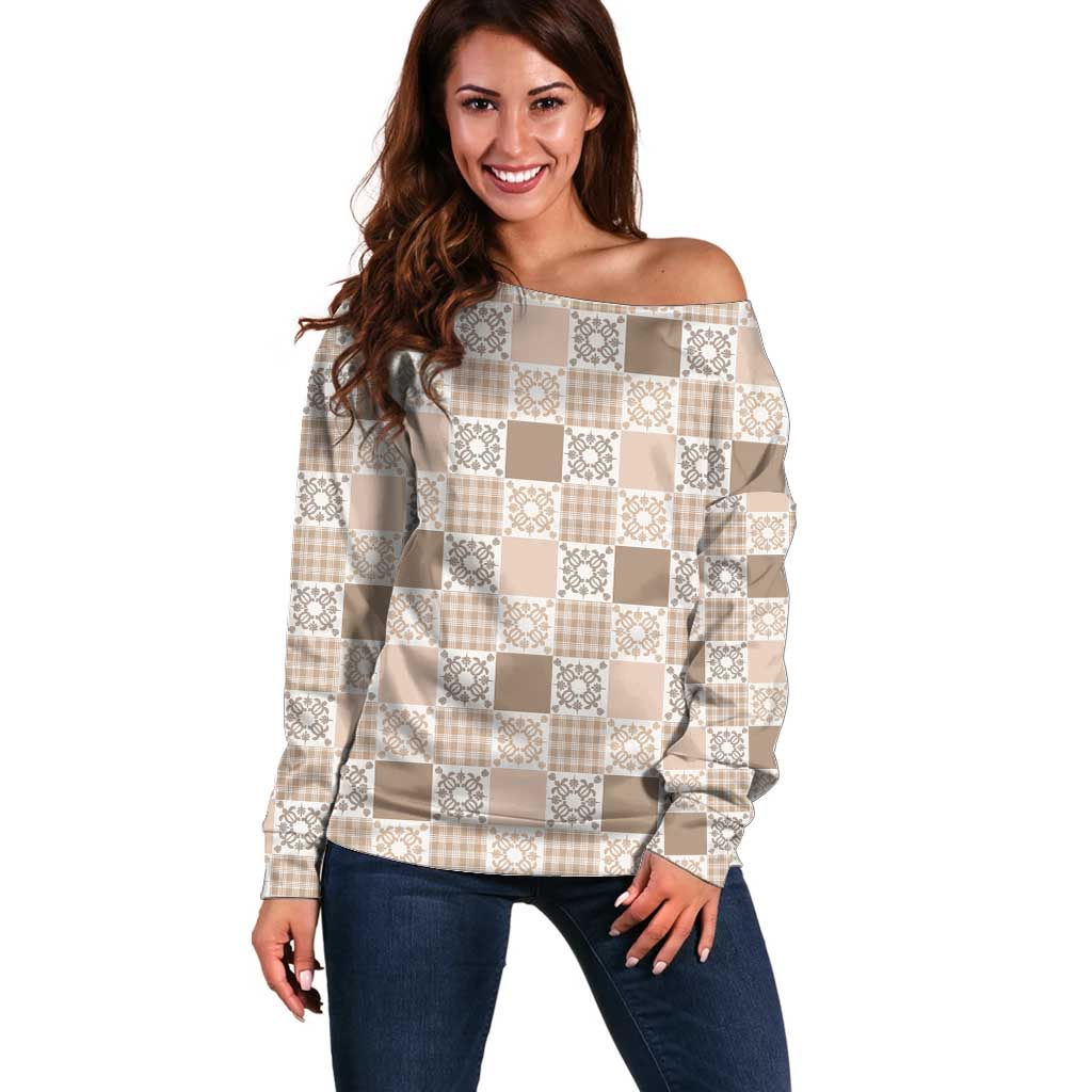 Hawaiian Palaka Quilt Pattern Off Shoulder Sweater Hawaii Culture Honu Turtle LT9 Women Beige - Polynesian Pride