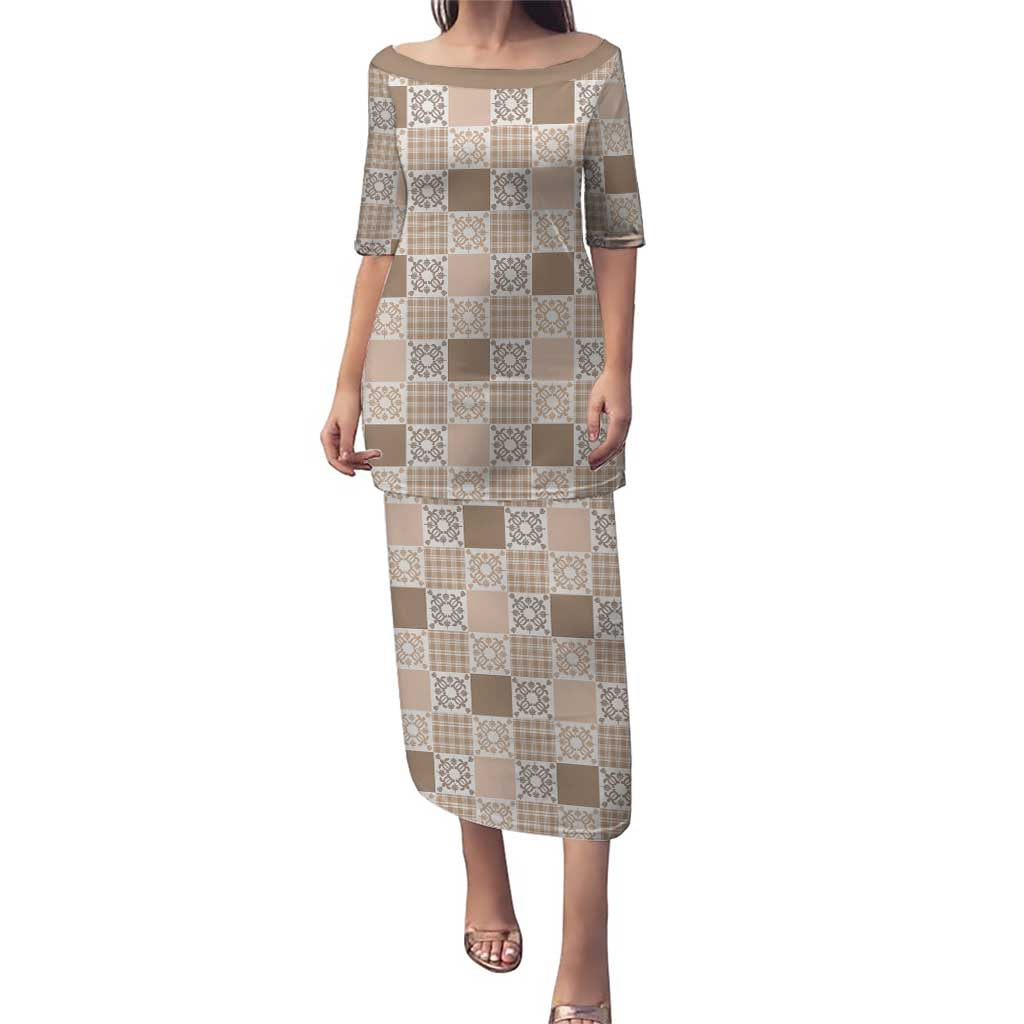 Hawaiian Palaka Quilt Pattern Puletasi Hawaii Culture Honu Turtle LT9 Long Dress Beige - Polynesian Pride