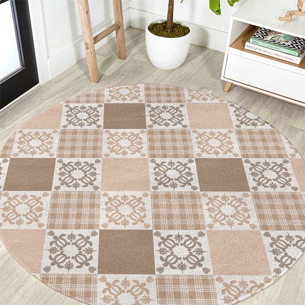 Hawaiian Palaka Quilt Pattern Round Carpet Hawaii Culture Honu Turtle LT9 Beige - Polynesian Pride