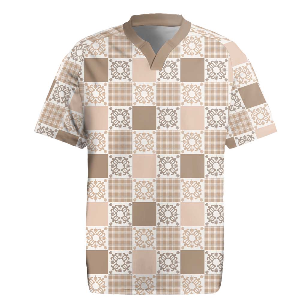 Hawaiian Palaka Quilt Pattern Rugby Jersey Hawaii Culture Honu Turtle LT9 Beige - Polynesian Pride