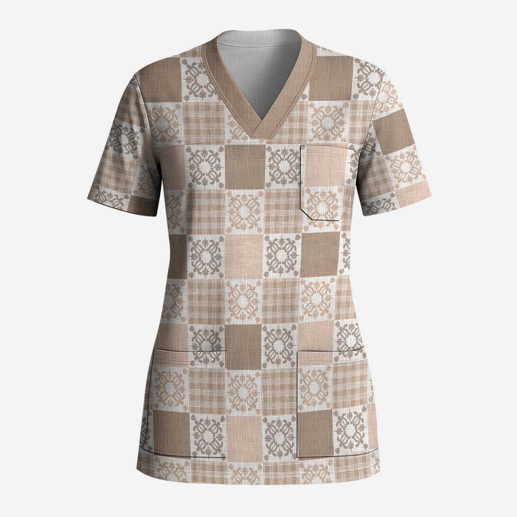 Hawaiian Palaka Quilt Pattern Scrub Top Hawaii Culture Honu Turtle LT9 Adult Beige - Polynesian Pride