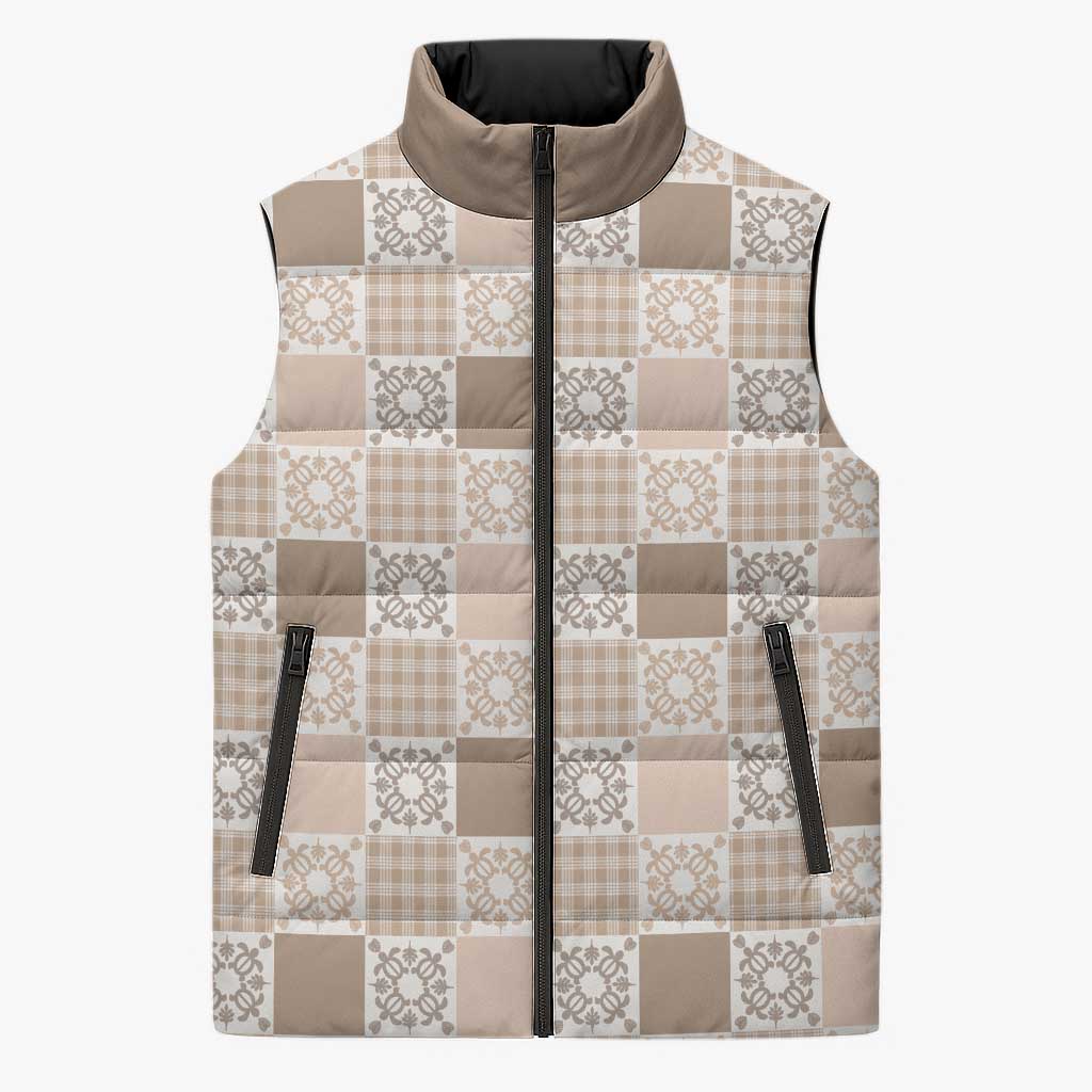 Hawaiian Palaka Quilt Pattern Sleeveless Puffer Jacket Hawaii Culture Honu Turtle LT9 Unisex Beige - Polynesian Pride