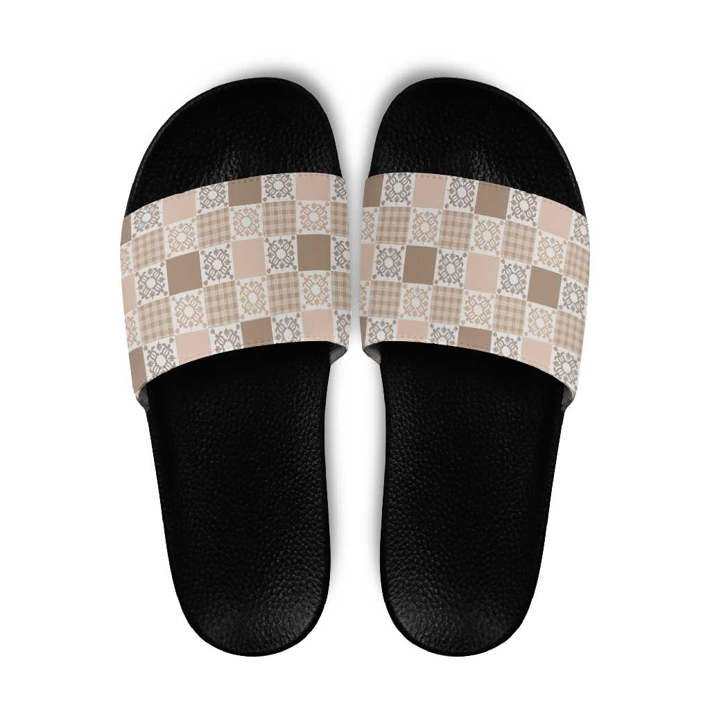Hawaiian Palaka Quilt Pattern Slide Sandals Hawaii Culture Honu Turtle LT9 Beige - Polynesian Pride