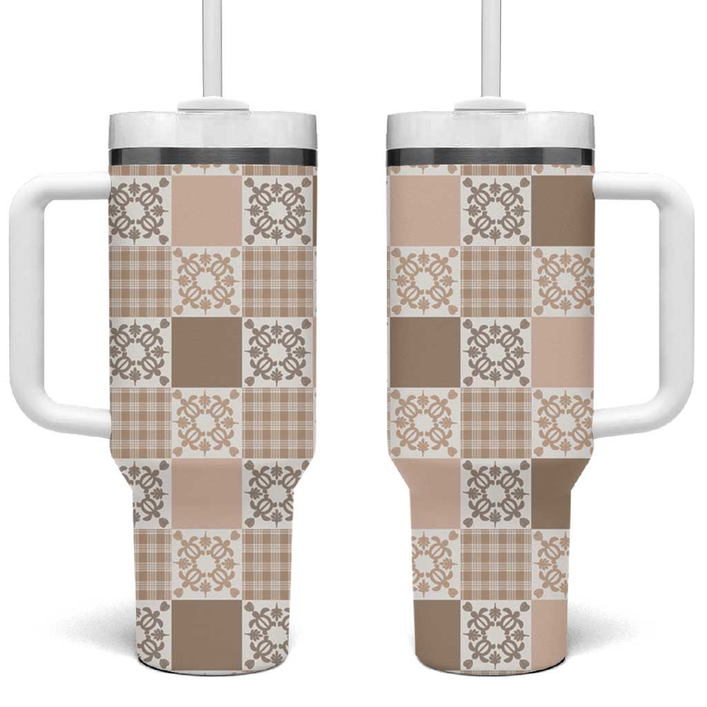 Hawaiian Palaka Quilt Pattern Tumbler With Handle Hawaii Culture Honu Turtle LT9 One Size: 40 oz Beige - Polynesian Pride