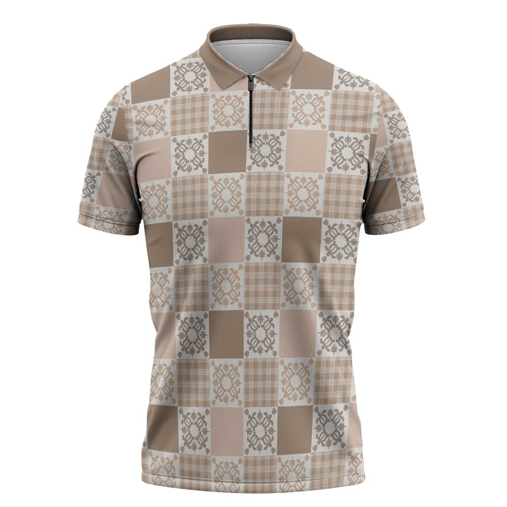Hawaiian Palaka Quilt Pattern Zipper Polo Shirt Hawaii Culture Honu Turtle LT9 Beige - Polynesian Pride