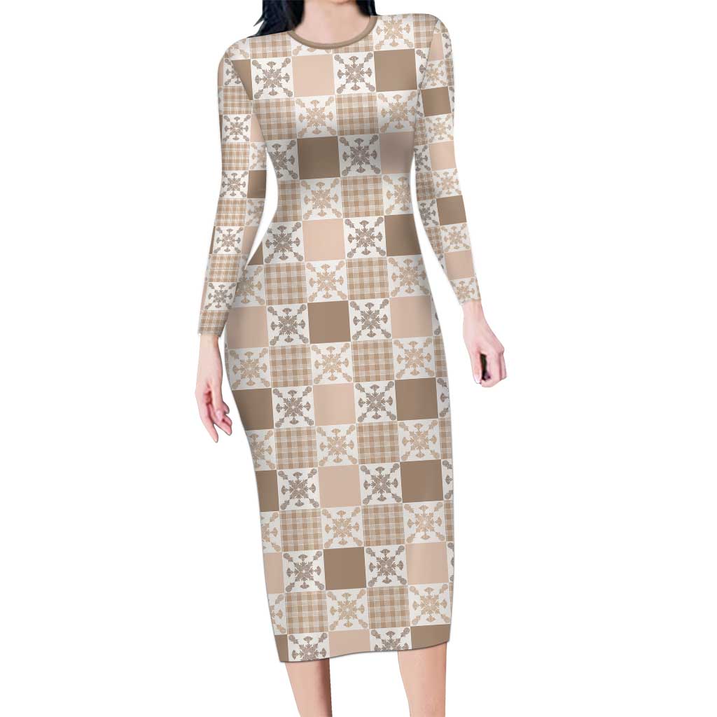 Hawaiian Palaka Quilt Pattern Long Sleeve Bodycon Dress Hawaii Culture Pineapple LT9 Long Dress Beige - Polynesian Pride