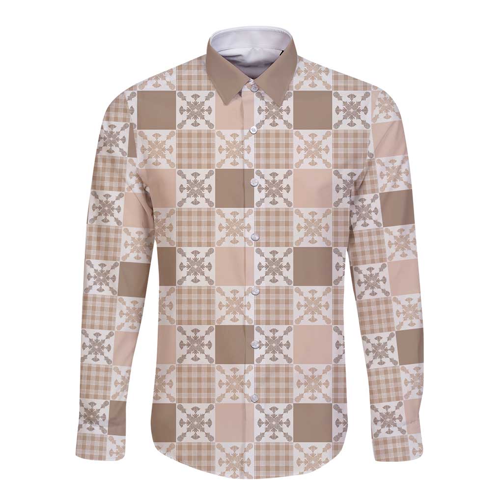 Hawaiian Palaka Quilt Pattern Long Sleeve Button Shirt Hawaii Culture Pineapple LT9 Unisex Beige - Polynesian Pride