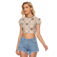 Hawaiian Palaka Quilt Pattern Raglan Cropped T Shirt Hawaii Culture Pineapple LT9 Female Beige - Polynesian Pride