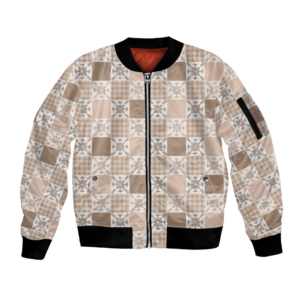 Hawaiian Palaka Quilt Pattern Sleeve Zip Bomber Jacket Hawaii Culture Pineapple LT9 Unisex Beige - Polynesian Pride