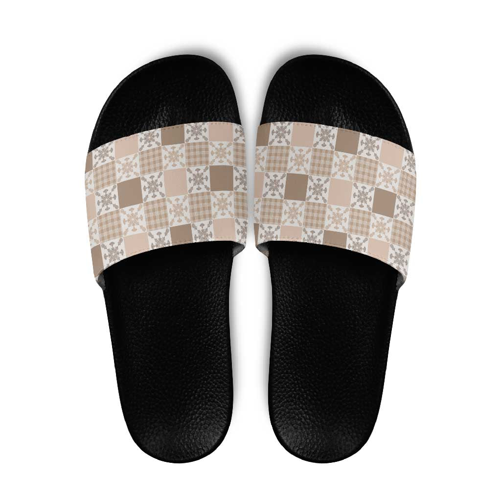 Hawaiian Palaka Quilt Pattern Slide Sandals Hawaii Culture Pineapple LT9 Beige - Polynesian Pride