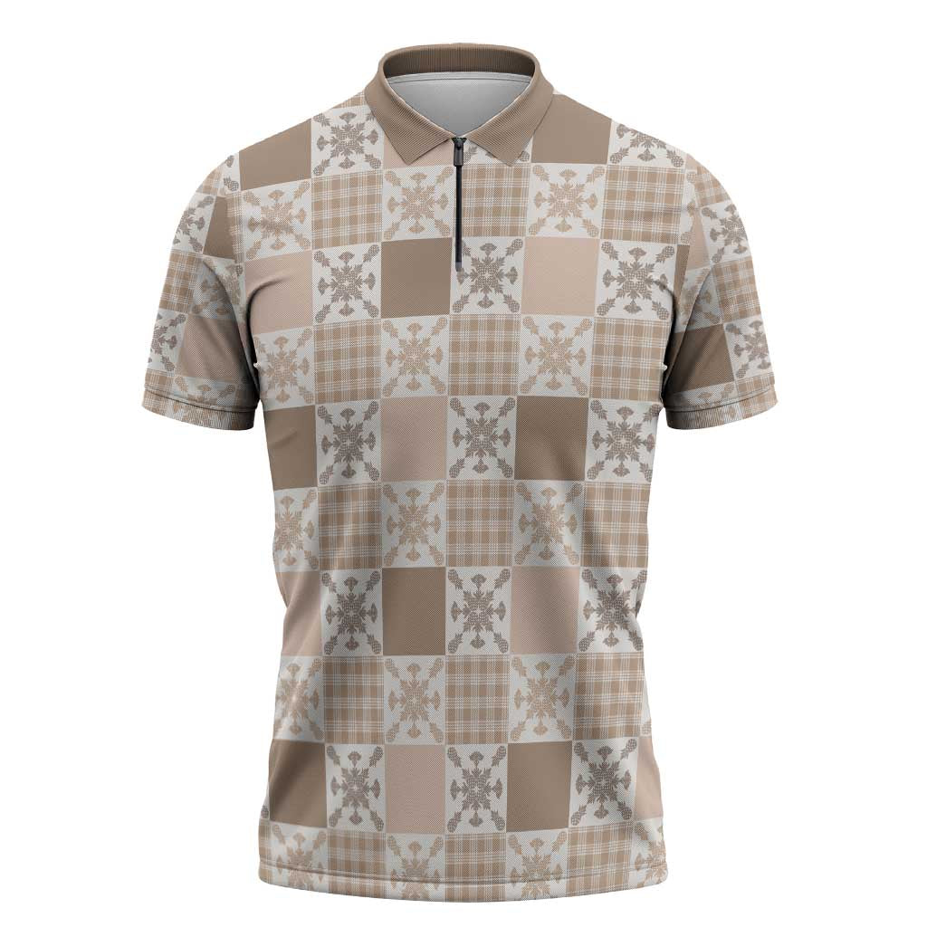 Hawaiian Palaka Quilt Pattern Zipper Polo Shirt Hawaii Culture Pineapple LT9 Beige - Polynesian Pride