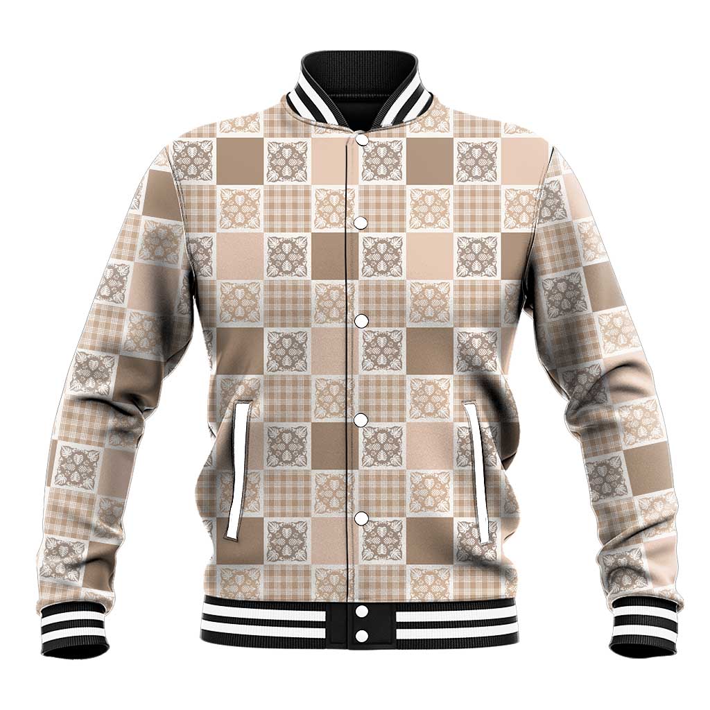 Hawaiian Palaka Quilt Pattern Baseball Jacket Hawaii Culture Tropical Flowers Mix LT9 Unisex Beige - Polynesian Pride