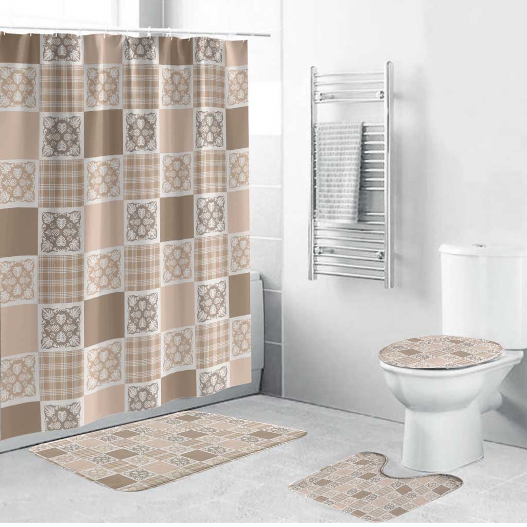 Hawaiian Palaka Quilt Pattern Bathroom Set Hawaii Culture Tropical Flowers Mix LT9 Bathroom Set (4 pcs) Beige - Polynesian Pride
