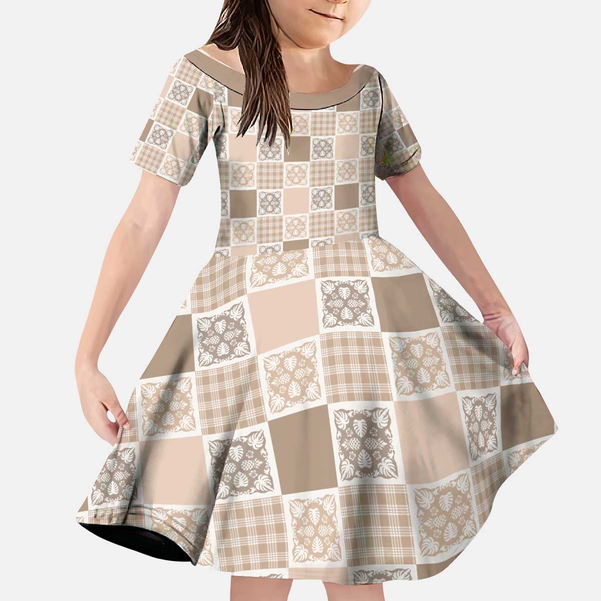Hawaiian Palaka Quilt Pattern Kid Short Sleeve Dress Hawaii Culture Tropical Flowers Mix LT9 KID Beige - Polynesian Pride