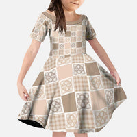 Hawaiian Palaka Quilt Pattern Kid Short Sleeve Dress Hawaii Culture Tropical Flowers Mix LT9 KID Beige - Polynesian Pride