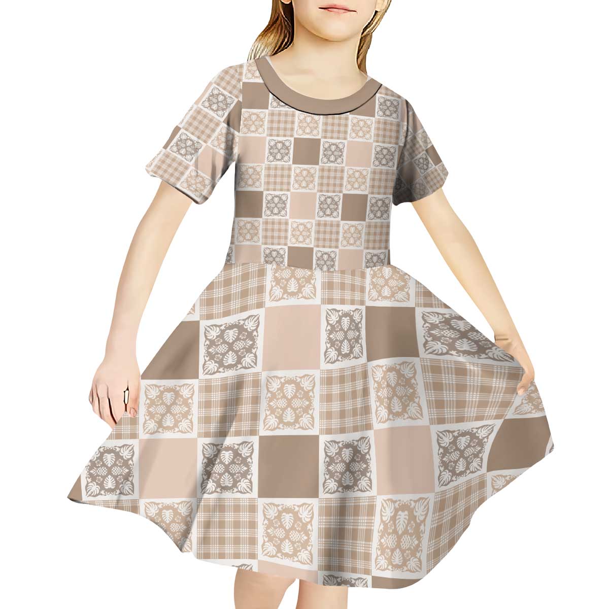 Hawaiian Palaka Quilt Pattern Kid Short Sleeve Dress Hawaii Culture Tropical Flowers Mix LT9 - Polynesian Pride