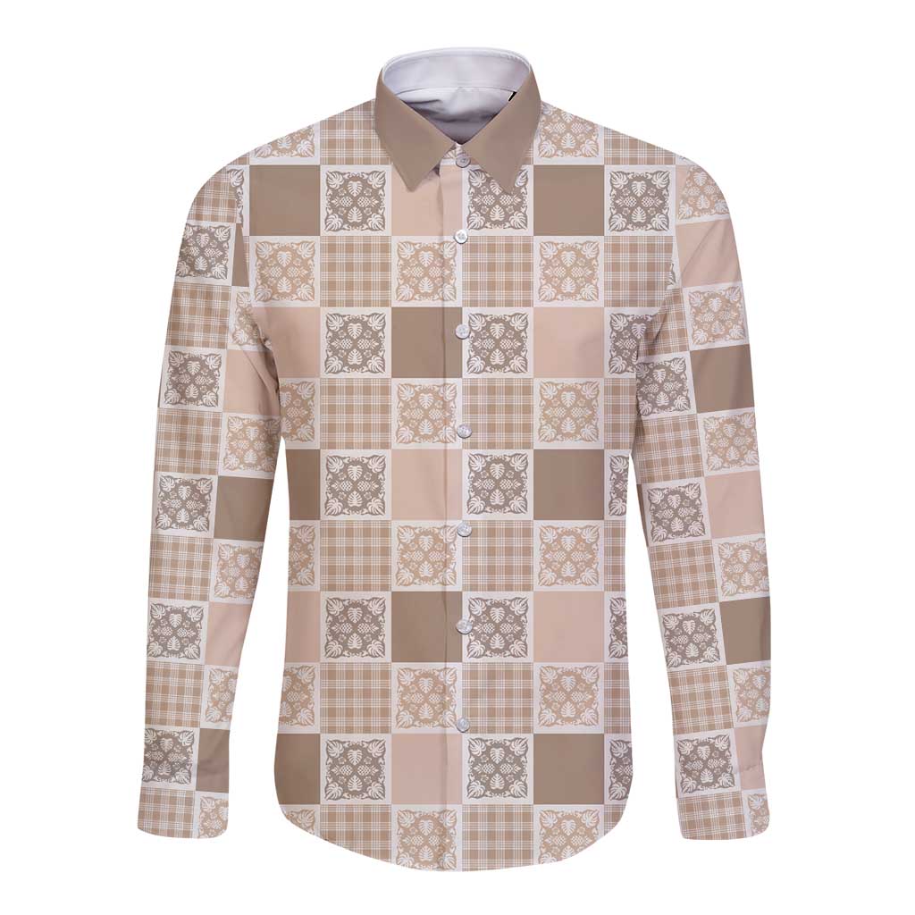 Hawaiian Palaka Quilt Pattern Long Sleeve Button Shirt Hawaii Culture Tropical Flowers Mix LT9 Unisex Beige - Polynesian Pride