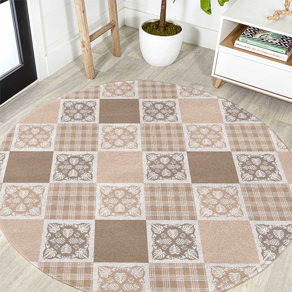 Hawaiian Palaka Quilt Pattern Round Carpet Hawaii Culture Tropical Flowers Mix LT9 Beige - Polynesian Pride